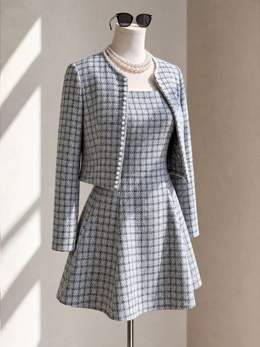 Fine & Folde Women's Plaid Pattern Long Sleeve Pearl Decor Jacket And Ruffle Hem Dress 2 Pieces Set - Multicolor - View 1