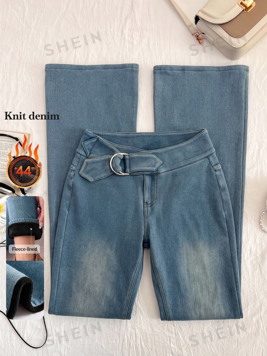 Flirla Low Waist Fashion Washed Denim Flare Pants - Medium Wash - View 1