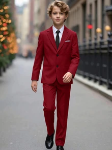 SHEIN 2pcs/Set Kids Tween Boy Summer Casual Academy Cute Gentleman Outfit Solid Color Blazer & Elastic Waist Formal Pants Set Suitable For Birthday Party, Evening Event, Performance, Wedding - Red - View 4