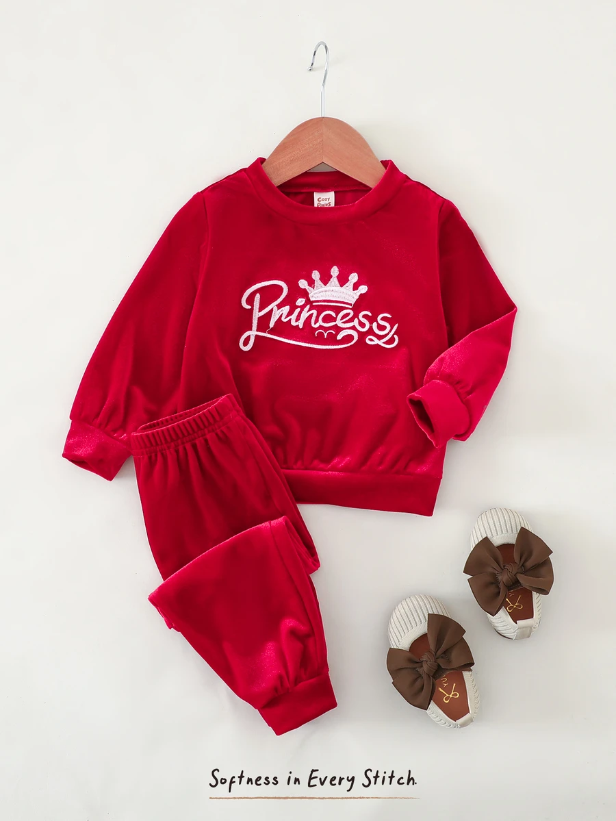 Cozy Pixies 女嬰字母皇冠刺繡圖案天鵝絨圓領長袖套頭衛衣彈性腰長褲 2件/套 幼兒女童服裝 舒適百搭時尚日常可愛休閒簡約百搭風格,秋冬,適合室內、戶外休閒、戶外滑雪、返校、日常、運動、玩耍、派對、節日、萬聖節、聖誕節、新年、情人節,多種場合 - 紅色 - 查看 1