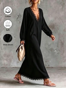 Breezaya Women's Plus Size Cotton Linen Ruffle Patchwork Long Sleeve Dress, Black Beach Bohemian Casual Style, Autumn - Black - View 3