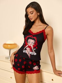 Betty Boop x SHEIN Women's Letter Cartoon Print Camisole Top And Shorts Pajama Set - Black - View 7