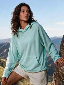 Exploreva Women's Raglan Long Sleeve Pocket Casual Light Green Waffle Knit Sports Sweatshirt - Green - View 3