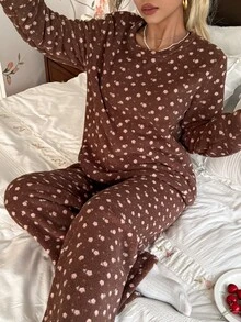 CottageSlumber Vintage Brown Ditsy Floral Home Set, Comfortable Soft Plush Round Neck Long Sleeve Pants 2 Pieces Set - Brown - View 7