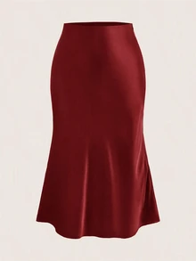 SHEIN EZwear 酒紅色高腰純色緞面質感大尺碼裙，適合派對與約會穿著 - 酒紅色 - 查看 7