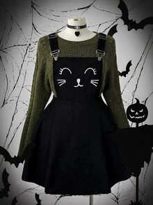 Sunspun Plus Size Women's Casual Punk Halloween Corduroy Overall Dress Fall - Black - View 8