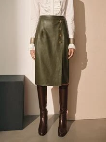 MOTF PREMIUM Rok Kulit Wanita Elegan untuk Komuter, Motif Kancing, Musim Gugur/Dingin - Olive Green - View 6