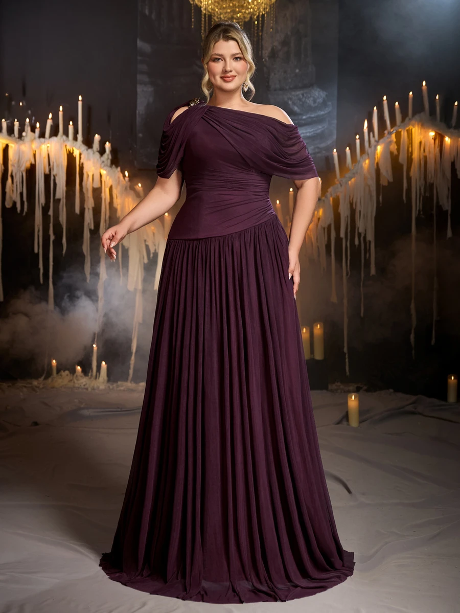 Glamrae Plus Size Elegant Romantic Asymmetrical Shoulder Ruched Sleeve Korean Style Full Skirt Evening Dress For Wedding, Single Party, Vacation, Holiday, Gathering, Music Festival, Graduation Season, Dinner - Red Violet - View 1
