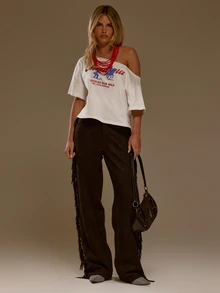 MUSERA White Graphic Print Off Shoulder Top Autumn Fall Winter Coolgirl Women Outfit - White - View 3