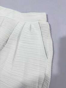 Linhara Plus Size Women White 2 Pieces Matching Set Textured Mock Neck Lantern Sleeve Cropped Top & High Waist Pleated Wide Leg Pants Daily Elegant Outfit - White - View 5