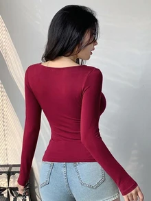 DAZY 女款素色百褶修身百搭日常長袖T恤 - 酒紅色 - 查看 7