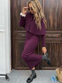 Livesso Women's Solid Color Minimalist Fashion Ribbed Knit Long Dress And Cape Cover Up Sweater 2 Pieces Set - Purple - View 3