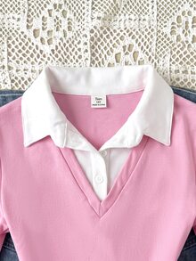 SHEIN 青少年女孩 T-shirt 春秋冬新款 粉色白色領口休閒學院風長袖 T-shirt，返校季，對比色襯衫領長袖休閒雙用途上衣 - 粉色 - 查看 3