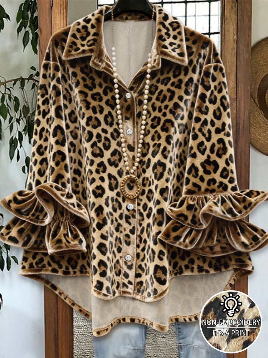Linhara Busana Wanita Ukuran Besar Musim Semi/Panas: Elegan, Kasual, Minimalis, dan Serbaguna, Blus Wanita Ukuran Besar Motif Leopard Vintage Acak Lengan Panjang Dua Lapis dengan Desain Manset Berkerut, Cocok untuk Pakaian Musim Semi/Panas - MultiWarna - View 1