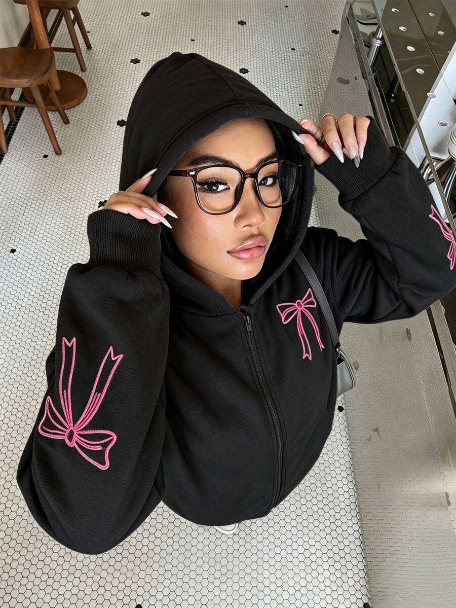 SHEIN Sparklyn 青少年女孩秋冬純色時尚街頭風可愛蝴蝶結運動衫外套,舒適抓絨面料,時尚袖子設計,黑色 - 黑色 - 查看 1