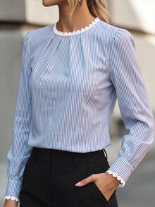 Velvienne Women's Elegant Striped Collared Lace Patchwork Long Sleeve Blouse, Suitable For Daily Commute, Dating, Home Wear - Blue - View 6