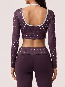 SHEIN BAE Women's Polka Dot Long Sleeve Sports T-Shirt And Tank Top - Coffee Brown - View 2