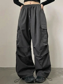 DAZY Women's Solid Color Drawstring Waist Casual Daily Long Pants - Dark Grey - View 3