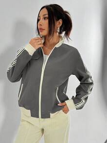 Flirla 女款側條紋拉鍊門襟休閒輕便夾克 - 淺灰色 - 查看 5