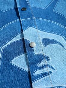 ROMWE MEN Street Life Men's Character Print Button Long Sleeve Denim Jacket - Blue - View 7