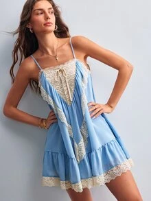 Willow Rêve Women's Blue Chiffon Lace Patchwork Spaghetti Strap Mini Dress - Blue - View 4