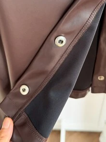 SHEIN 青少年女孩夾克，春季街頭風街頭服飾，寬鬆嬉皮運動休閒基礎舒適拉鍊棕色修身短版長袖外套工作穿搭 - 棕色 - 查看 7