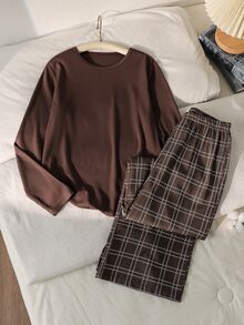 女童 2 件組休閒羅紋圓領上衣與格紋印花長褲舒適柔軟居家服套裝 - 棕色 - 查看 3