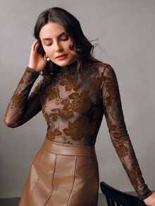 Anewsta Coffee Brown Autumn/Winter Floral Semi-Sheer High Neck Slim Fit Long Sleeve Blouse For Women, Suitable For Commuting, Dating, Gathering And Daily Wear - Brown - View 3
