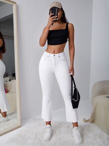 Selenza Plus Size Women's Casual Versatile Denim Cropped Flare Leg Pants With Pockets - White - View 3