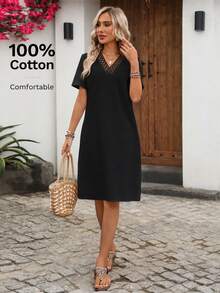 EMERY ROSE Women's Vacation Casual Plain V-Neck Hollow Patchwork Mid-Length Short Sleeve Dress Brunch Black - Black - View 7