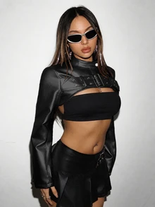 SHEIN Tall جاكيت قصير بأكمام طويلة بتصميم إبزيم وعروات بلون موحد للنساء - الأسود - مشاهدة 4