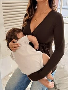 SHEIN 孕婦純色側結休閒哺乳上衣 - 咖啡棕 - 查看 7