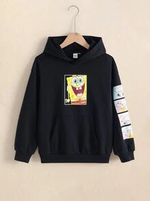 SpongeBob SquarePants | SHEIN Tween Boy Cartoon Pattern Casual Daily Wear Sweatshirt - Black - View 3