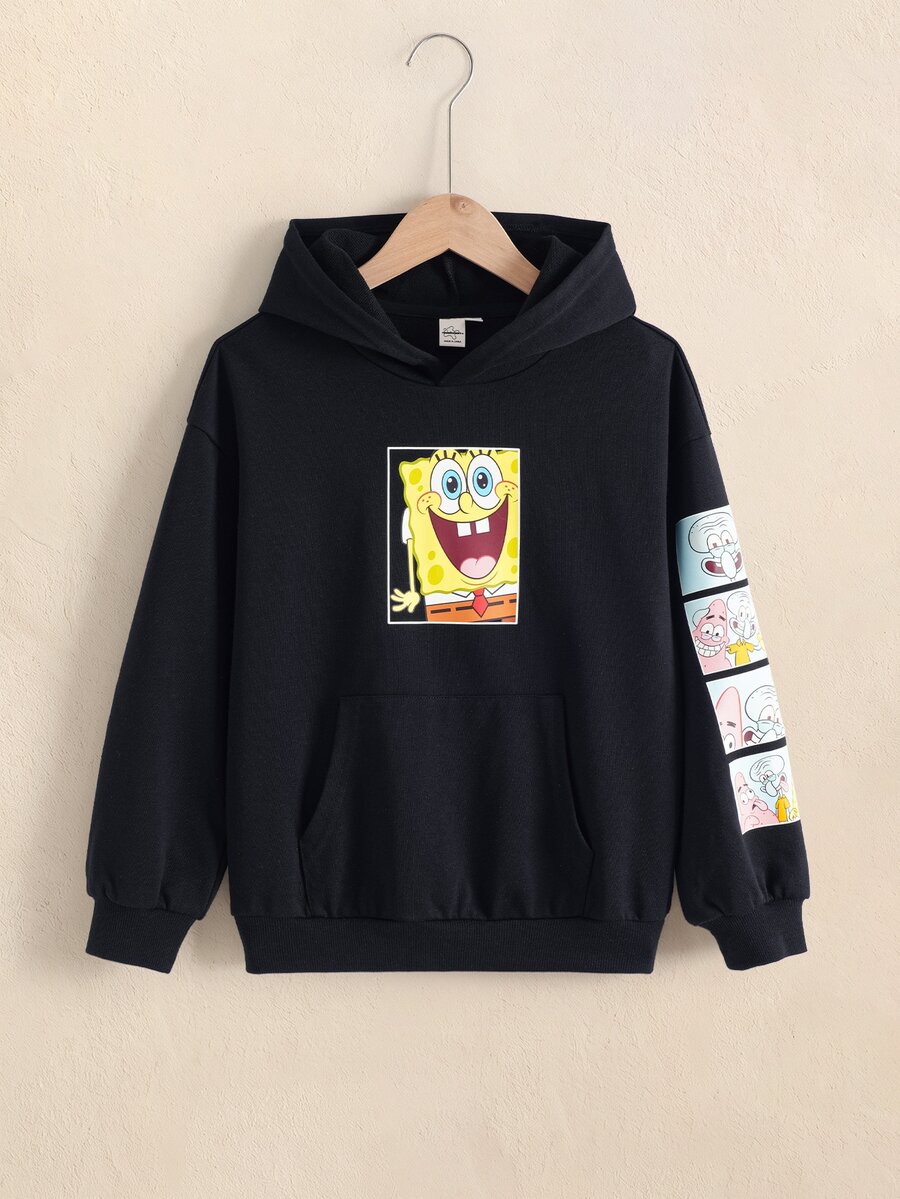 SpongeBob SquarePants | SHEIN 青少年男孩卡通圖案休閒日常穿著運動衫 - 黑色 - 查看 1
