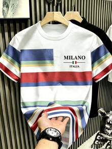 ZURIURI 義式風格彩色橫條紋男士短袖高品質棉感 MILANO 印花寬鬆圓領T恤 - 白色 - 查看 1