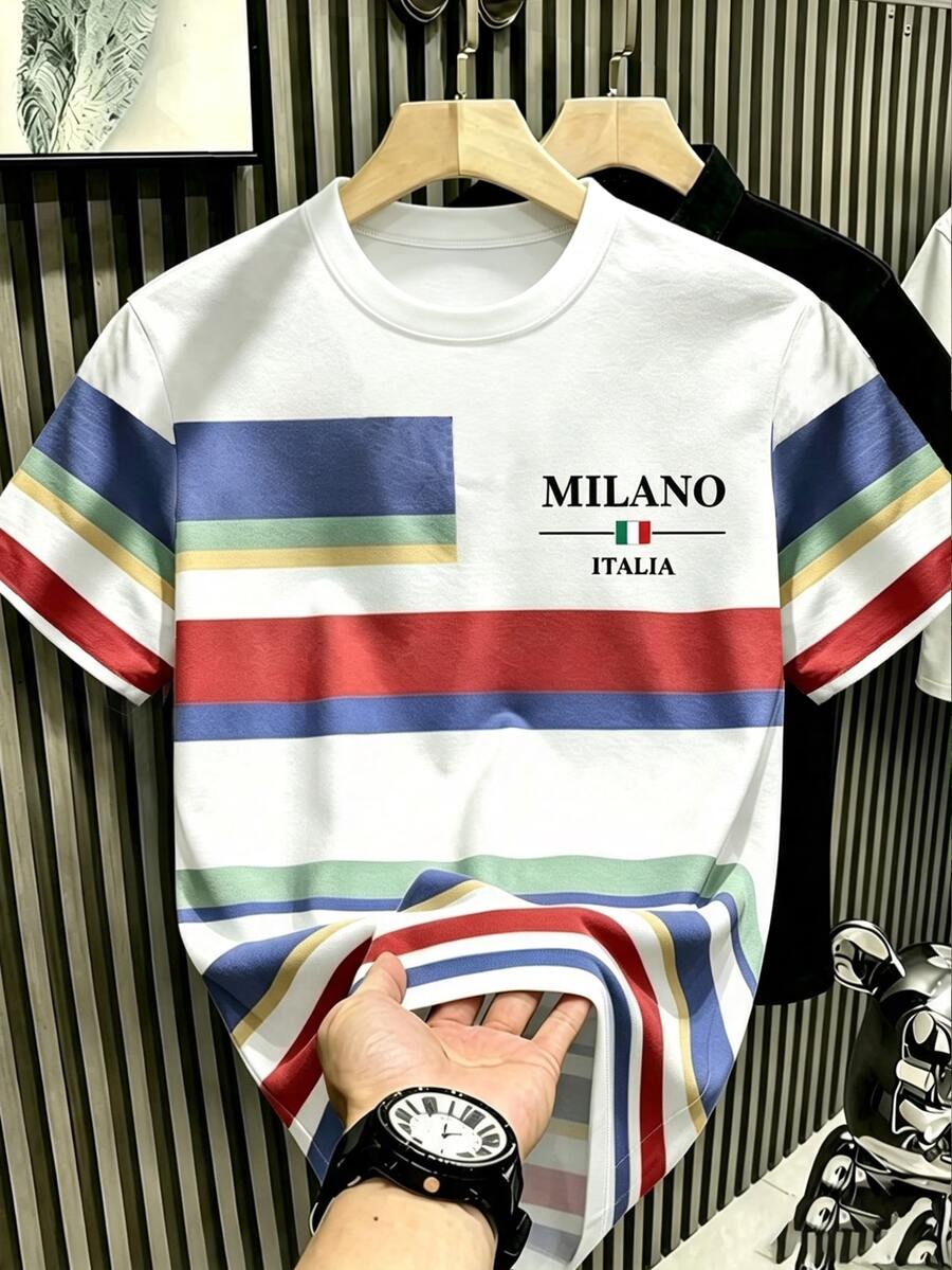 ZURIURI 義式風格彩色橫條紋男士短袖高品質棉感 MILANO 印花寬鬆圓領T恤 - 白色 - 查看 1