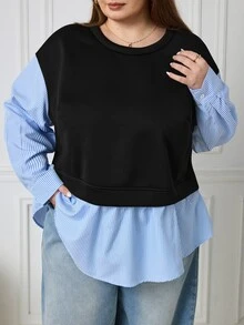 SHEIN CURVE+ Women's Plus Size Striped Patchwork 2 In 1 Shirt Sweatshirt, Casual Loose Fit Top For Autumn/Winter, Suitable For 5XL-8XL - Black - View 3