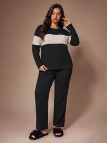 Lazeform Minimalist Colorblock Ribbed Knit 2 Pieces Loungewear Set, Cozy Comfortable Plus Size Women's Pajama Set - Black - View 7