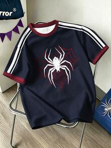 Daypath Spider And Web Graphic Slim-Fit Polyester Crew Neck T-Shirt In Navy And Red For Streetwear - Multicolor - View 1
