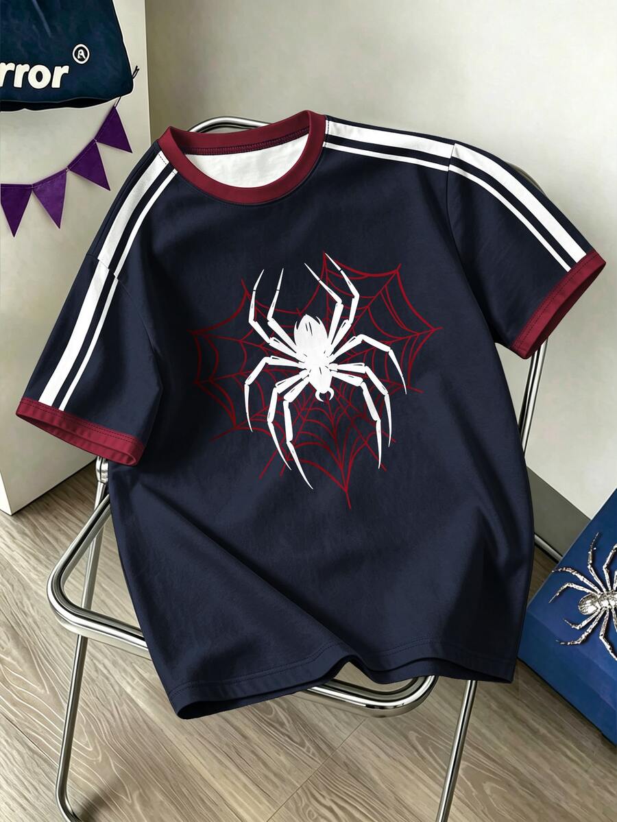 Daypath Spider And Web Graphic Slim-Fit Polyester Crew Neck T-Shirt In Navy And Red For Streetwear - Multicolor - View 1