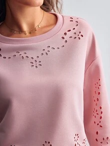 Willow Rêve Women's Pink Hollow Embroidery Long Sleeve Sweatshirt And Shorts 2 Pieces Set, Casual Style, Romantic Style, Valentine's Day - Pink - View 7