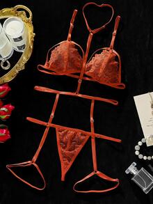 SHEIN 女款蕾絲可調節時尚舒適內衣套裝 - 橘色 - 查看 1