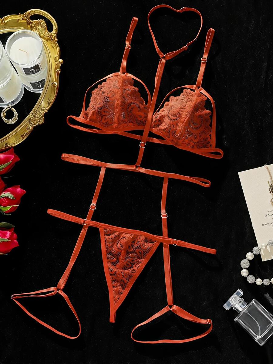 SHEIN 女款蕾絲可調節時尚舒適內衣套裝 - 橘色 - 查看 1