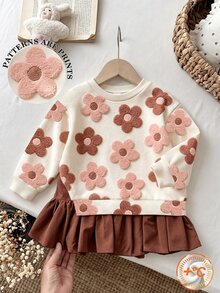 4-7 Years Old Girls Cute Faux Fur Flower Pattern 2-In-1 Long Sleeve Dress, Solid Color Hem, Cute Style, Preppy Style Dress - Multicolor - View 5