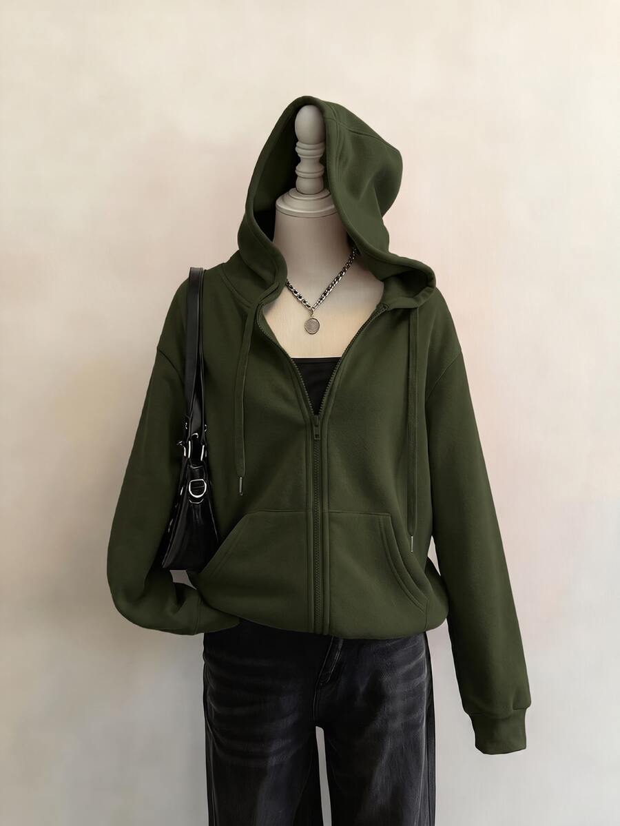 Attitoon 休閒極簡軍綠色連帽衛衣長袖寬鬆版型女款,適合秋冬穿著 - 軍綠色 - 查看 1