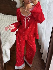 SHEIN طقم ملابس منزلية نسائي بنقاط حمراء، كشكشة حلوة، فضفاض، بأكمام طويلة - الأحمر - مشاهدة 4