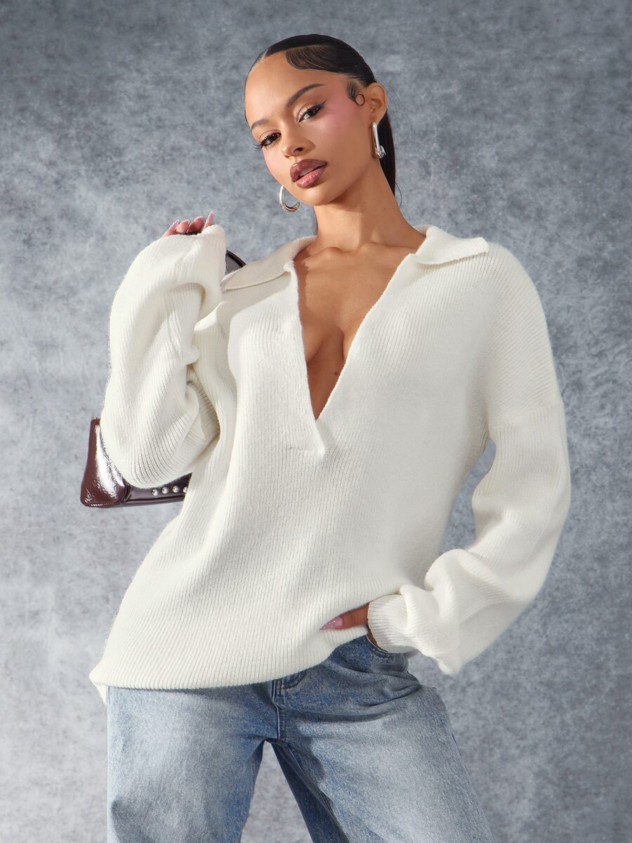 Denimoi Women's Autumn/Winter Solid Color Lazy Deep V-Neck Slimming Loose Long Chunky Knit Relaxed Sweater Top - Apricot - View 1