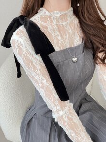 FRIFUL Women's Autumn Colorblock Spaghetti Strap Tie Bow Pleated Short Dress - Grey - View 5