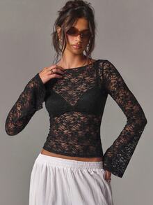 Athîral Women's Casual Zebra Print Mesh Fitted Top With Bell Sleeves - Black - View 4