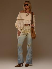 MUSERA Cream Cable Knit Fringed Poncho Autumn Fall Winter Coolgirl Women Outfit - White - View 3